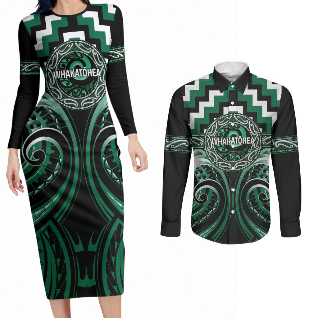 Aotearoa Whakatohea Personalised Couples Matching Long Sleeve Bodycon Dress and Long Sleeve Button Shirt Maori Iwi Poutama Puhoro Tattoo LT14 Green - Polynesian Pride