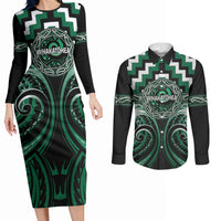 Aotearoa Whakatohea Personalised Couples Matching Long Sleeve Bodycon Dress and Long Sleeve Button Shirt Maori Iwi Poutama Puhoro Tattoo LT14 Green - Polynesian Pride