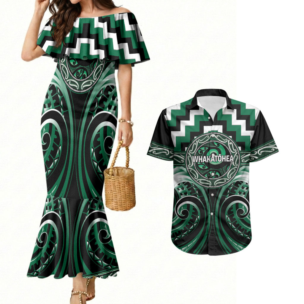 Aotearoa Whakatohea Personalised Couples Matching Mermaid Dress and Hawaiian Shirt Maori Iwi Poutama Puhoro Tattoo LT14 Green - Polynesian Pride