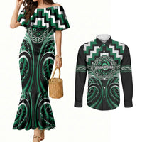 Aotearoa Whakatohea Personalised Couples Matching Mermaid Dress and Long Sleeve Button Shirt Maori Iwi Poutama Puhoro Tattoo LT14 Green - Polynesian Pride