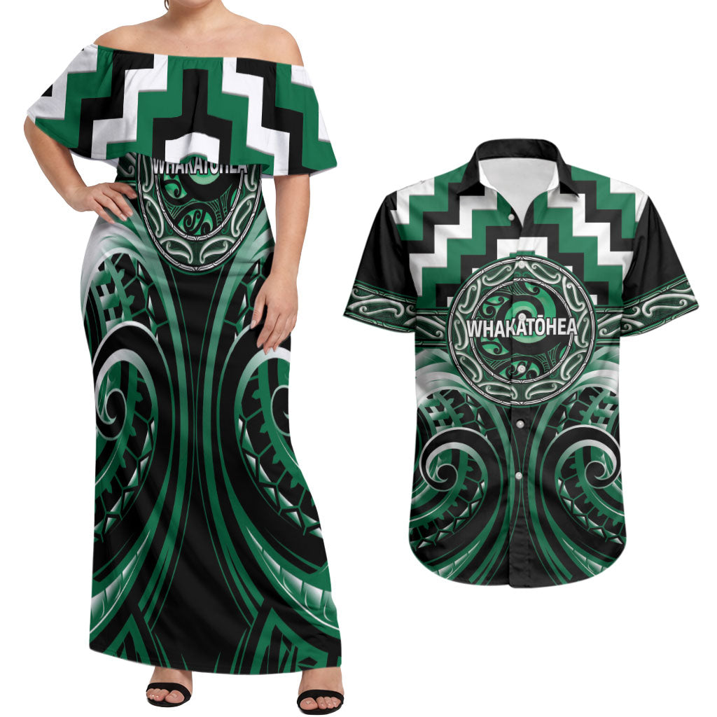 Aotearoa Whakatohea Personalised Couples Matching Off Shoulder Maxi Dress and Hawaiian Shirt Maori Iwi Poutama Puhoro Tattoo LT14 Green - Polynesian Pride
