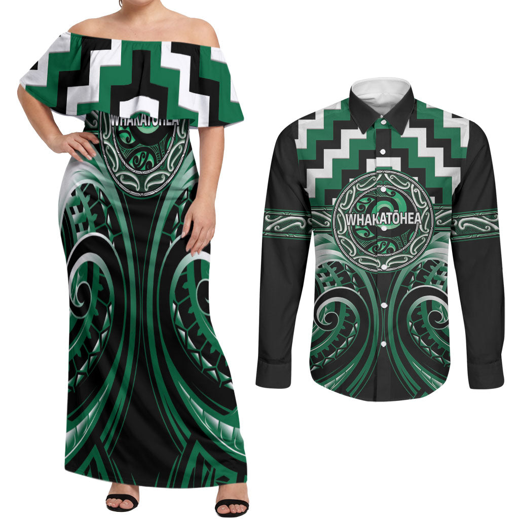 Aotearoa Whakatohea Personalised Couples Matching Off Shoulder Maxi Dress and Long Sleeve Button Shirt Maori Iwi Poutama Puhoro Tattoo