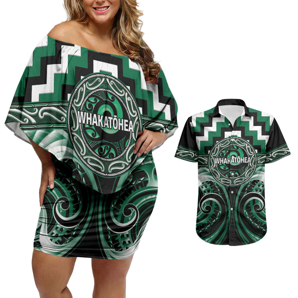 Aotearoa Whakatohea Personalised Couples Matching Off Shoulder Short Dress and Hawaiian Shirt Maori Iwi Poutama Puhoro Tattoo LT14 Green - Polynesian Pride