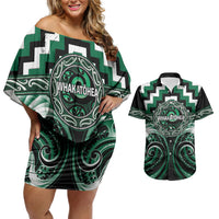 Aotearoa Whakatohea Personalised Couples Matching Off Shoulder Short Dress and Hawaiian Shirt Maori Iwi Poutama Puhoro Tattoo LT14 Green - Polynesian Pride