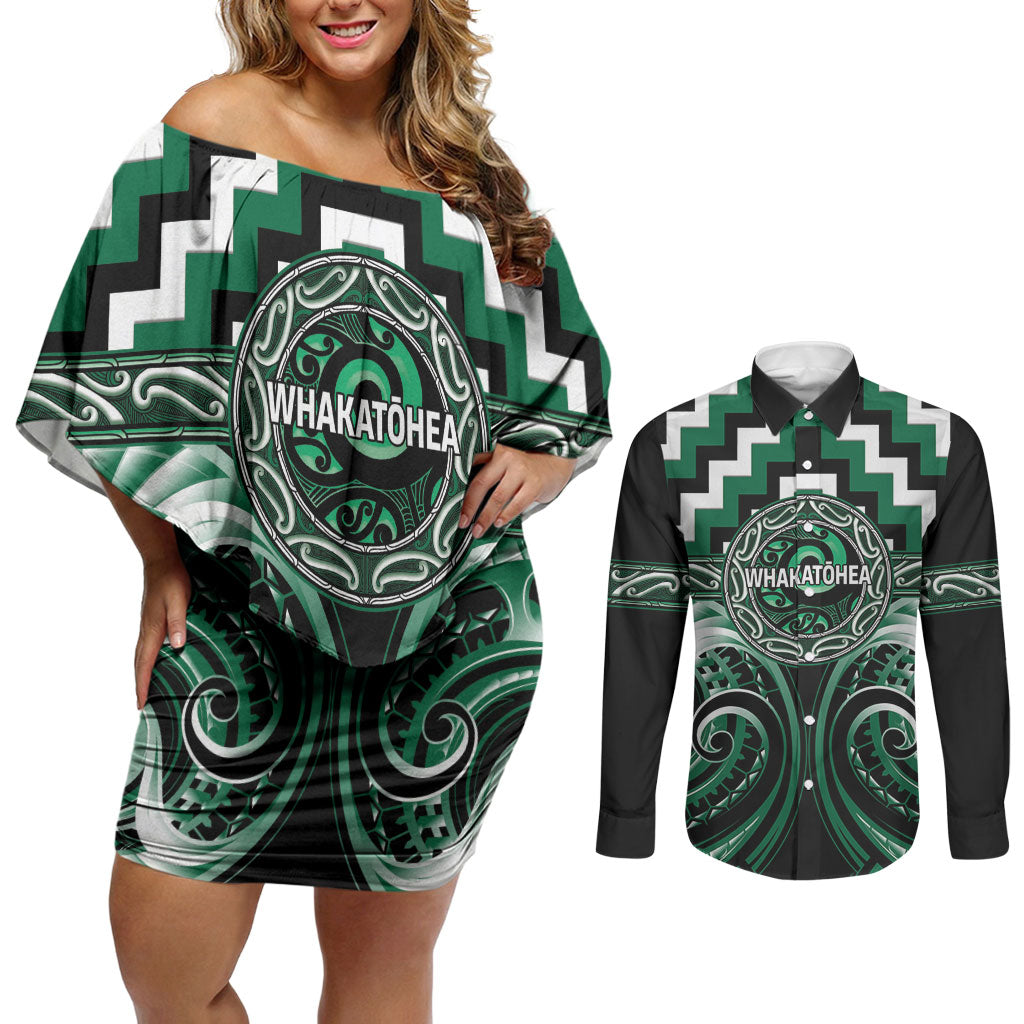Aotearoa Whakatohea Personalised Couples Matching Off Shoulder Short Dress and Long Sleeve Button Shirt Maori Iwi Poutama Puhoro Tattoo LT14 Green - Polynesian Pride