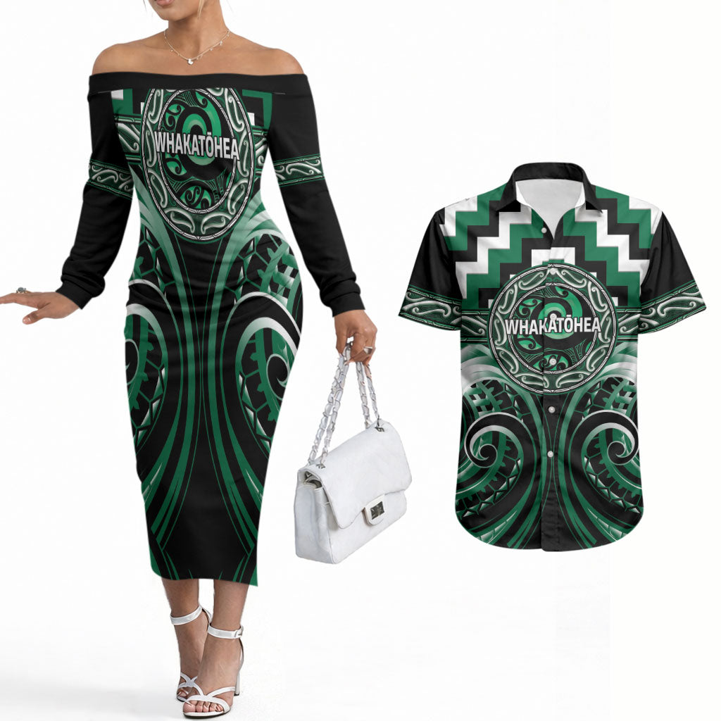 Aotearoa Whakatohea Personalised Couples Matching Off The Shoulder Long Sleeve Dress and Hawaiian Shirt Maori Iwi Poutama Puhoro Tattoo LT14 Green - Polynesian Pride