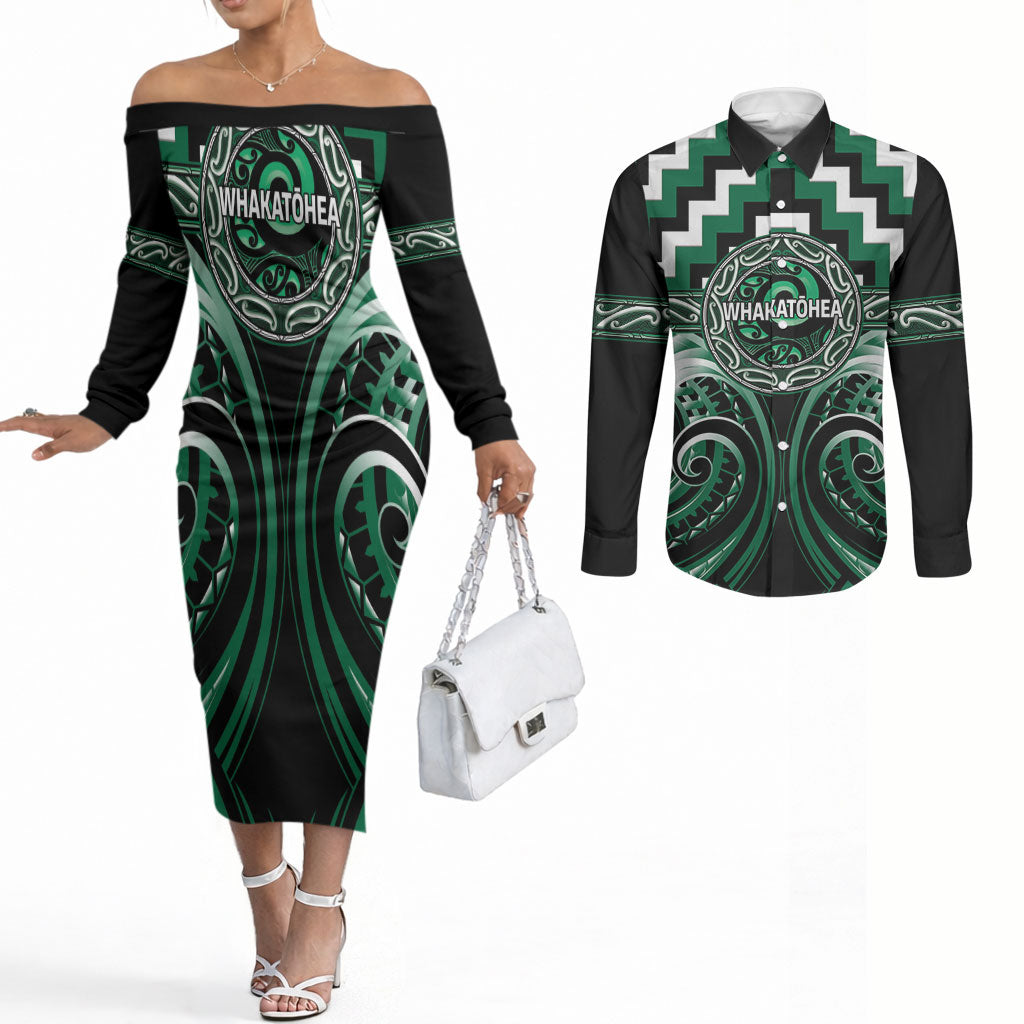 Aotearoa Whakatohea Personalised Couples Matching Off The Shoulder Long Sleeve Dress and Long Sleeve Button Shirt Maori Iwi Poutama Puhoro Tattoo