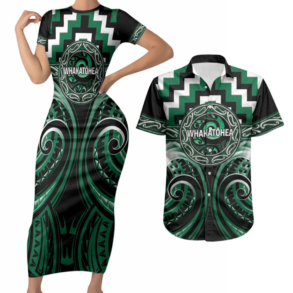 Aotearoa Whakatohea Personalised Couples Matching Short Sleeve Bodycon Dress and Hawaiian Shirt Maori Iwi Poutama Puhoro Tattoo LT14 Green - Polynesian Pride