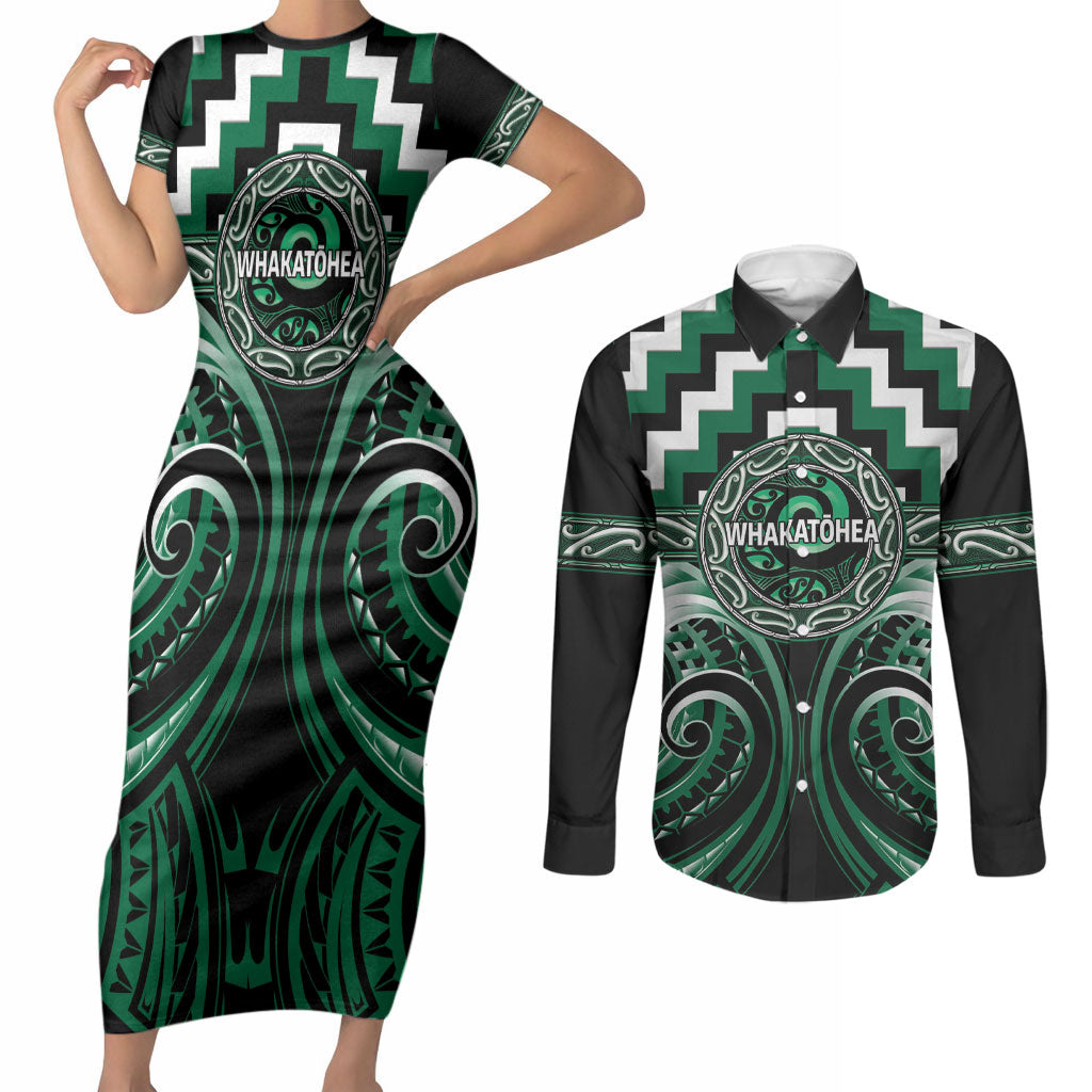 Aotearoa Whakatohea Personalised Couples Matching Short Sleeve Bodycon Dress and Long Sleeve Button Shirt Maori Iwi Poutama Puhoro Tattoo LT14 Green - Polynesian Pride