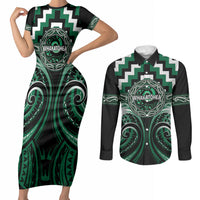 Aotearoa Whakatohea Personalised Couples Matching Short Sleeve Bodycon Dress and Long Sleeve Button Shirt Maori Iwi Poutama Puhoro Tattoo LT14 Green - Polynesian Pride