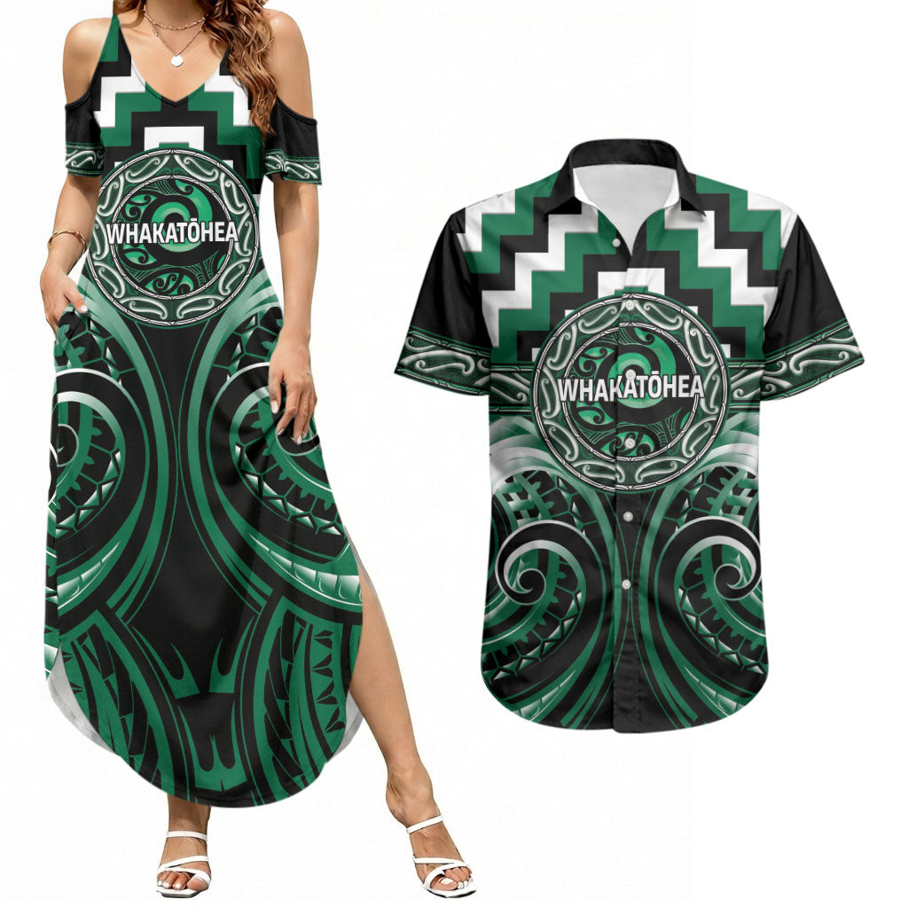 Aotearoa Whakatohea Personalised Couples Matching Summer Maxi Dress and Hawaiian Shirt Maori Iwi Poutama Puhoro Tattoo LT14 Green - Polynesian Pride