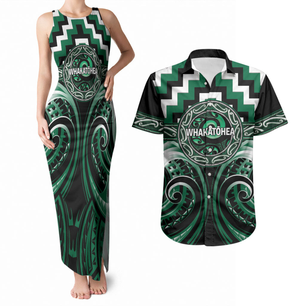Aotearoa Whakatohea Personalised Couples Matching Tank Maxi Dress and Hawaiian Shirt Maori Iwi Poutama Puhoro Tattoo LT14 Green - Polynesian Pride