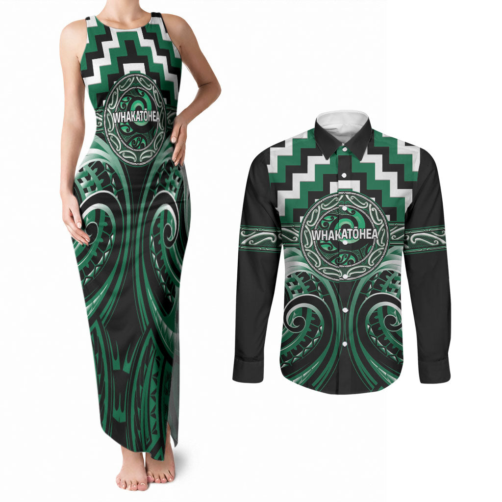Aotearoa Whakatohea Personalised Couples Matching Tank Maxi Dress and Long Sleeve Button Shirt Maori Iwi Poutama Puhoro Tattoo LT14 Green - Polynesian Pride
