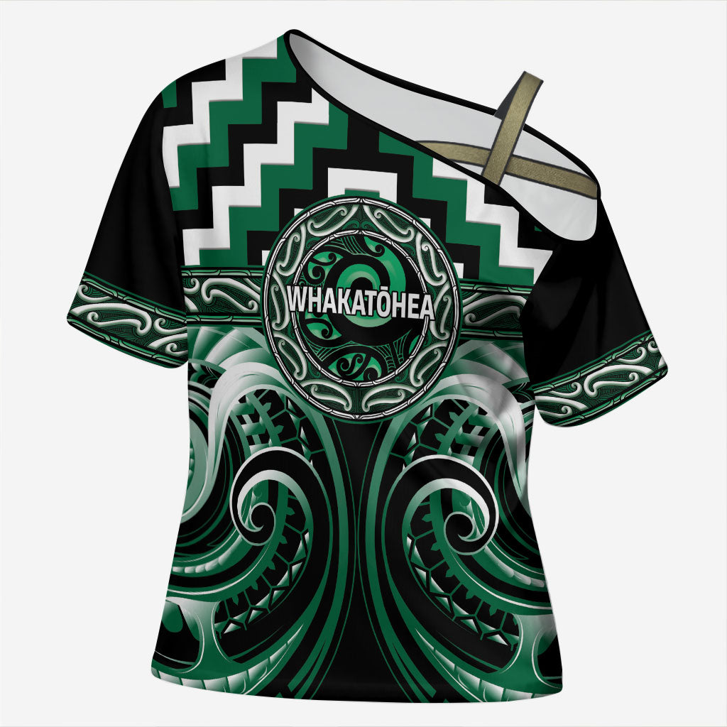Aotearoa Whakatohea Personalised Cross Shoulder Shirt Maori Iwi Poutama Puhoro Tattoo LT14 Female Green - Polynesian Pride