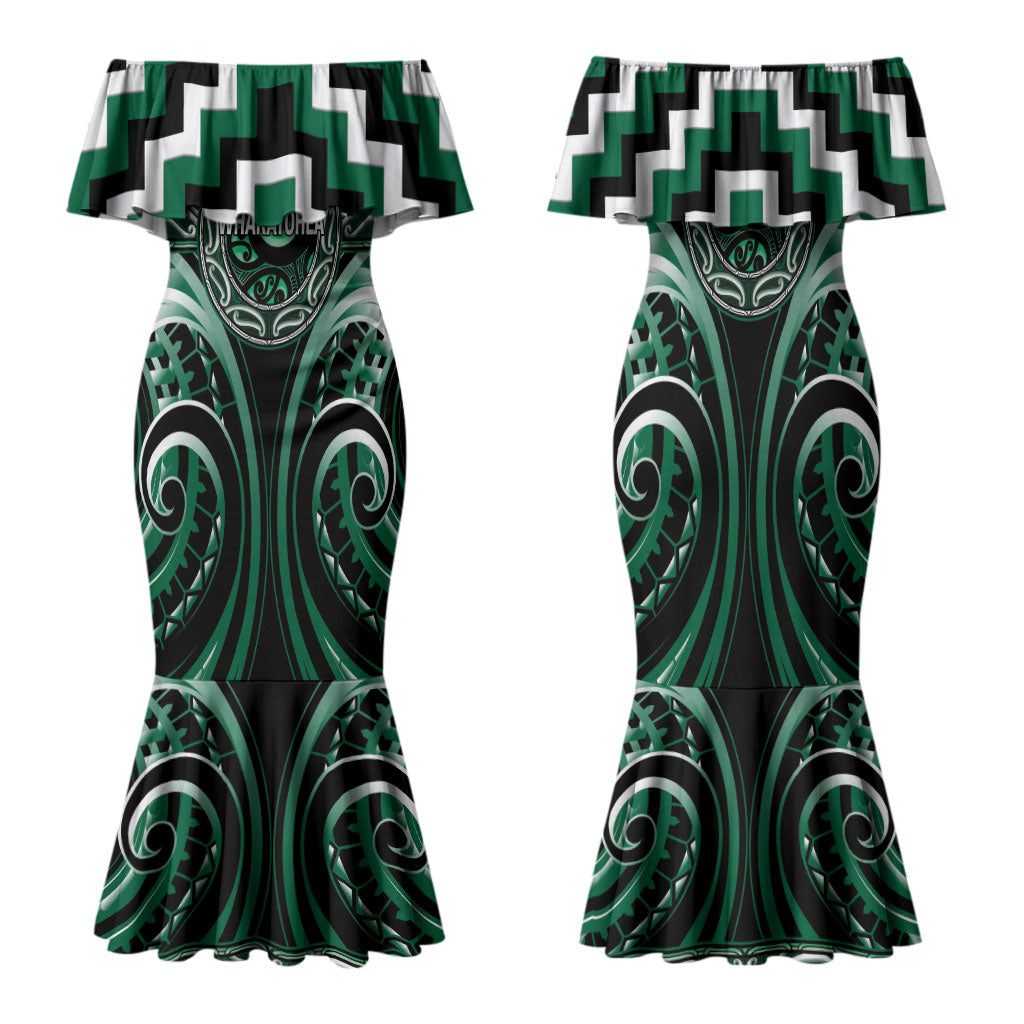 Aotearoa Whakatohea Personalised Family Matching Mermaid Dress and Hawaiian Shirt Maori Iwi Poutama Puhoro Tattoo LT14 Mom's Dress Green - Polynesian Pride