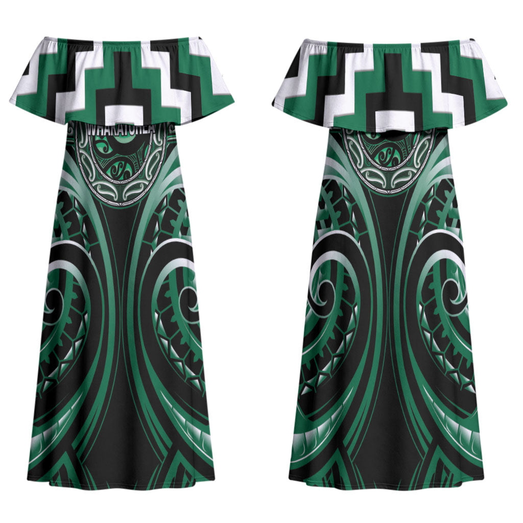 Aotearoa Whakatohea Personalised Family Matching Off Shoulder Maxi Dress and Hawaiian Shirt Maori Iwi Poutama Puhoro Tattoo LT14 Mom's Dress Green - Polynesian Pride