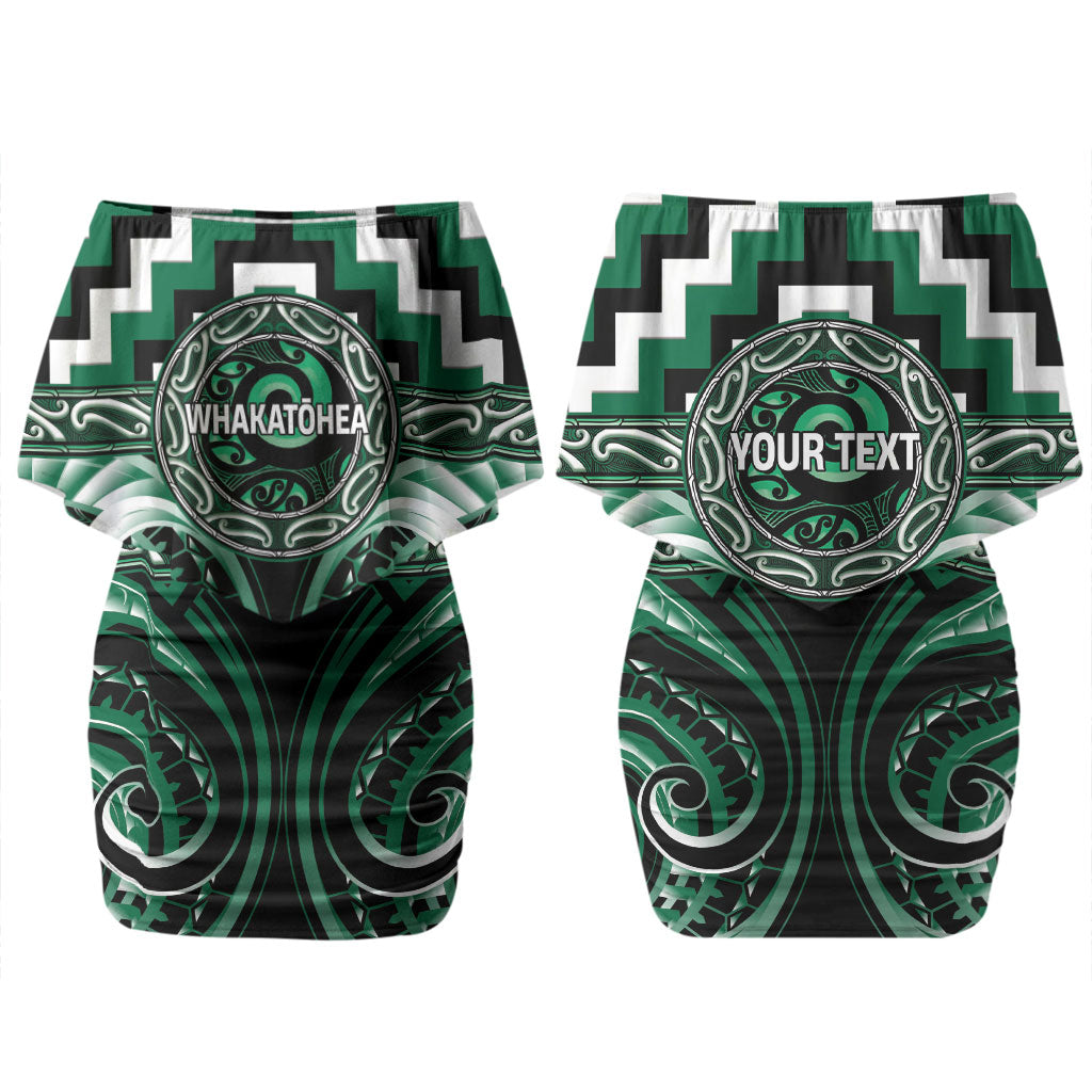 Aotearoa Whakatohea Personalised Family Matching Off Shoulder Short Dress and Hawaiian Shirt Maori Iwi Poutama Puhoro Tattoo LT14 Mom's Dress Green - Polynesian Pride