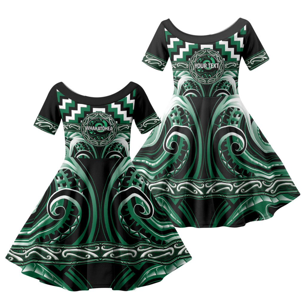 Aotearoa Whakatohea Personalised Family Matching Off Shoulder Short Dress and Hawaiian Shirt Maori Iwi Poutama Puhoro Tattoo LT14 Daughter's Dress Green - Polynesian Pride