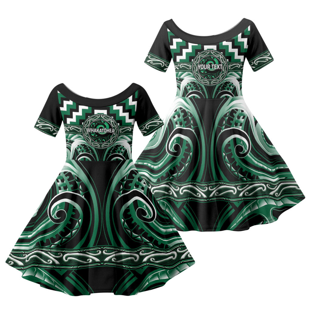 Aotearoa Whakatohea Personalised Family Matching Puletasi and Hawaiian Shirt Maori Iwi Poutama Puhoro Tattoo LT14 Daughter's Dress Green - Polynesian Pride