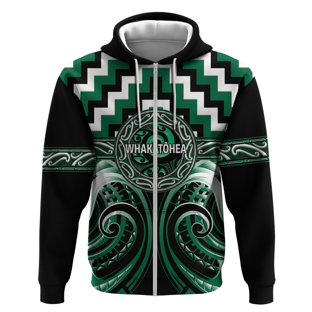 Aotearoa Whakatohea Personalised Hoodie Maori Iwi Poutama Puhoro Tattoo LT14 Zip Hoodie Green - Polynesian Pride