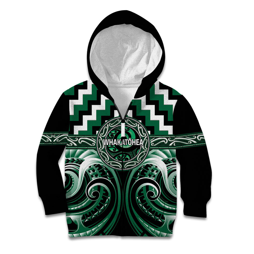 Aotearoa Whakatohea Personalised Kid Hoodie Maori Iwi Poutama Puhoro Tattoo LT14 Zip Hoodie Green - Polynesian Pride