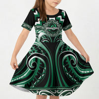 Aotearoa Whakatohea Personalised Kid Short Sleeve Dress Maori Iwi Poutama Puhoro Tattoo LT14 KID Green - Polynesian Pride