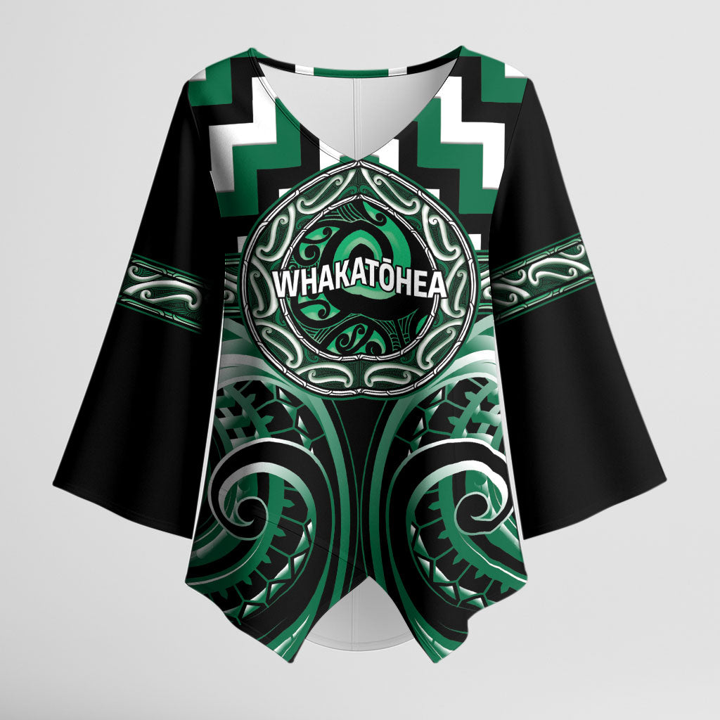 Aotearoa Whakatohea Personalised Kimono Sleeve Blouse Maori Iwi Poutama Puhoro Tattoo LT14 Female Green - Polynesian Pride