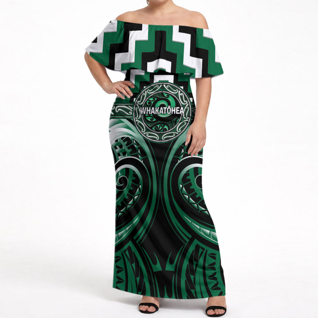 Aotearoa Whakatohea Personalised Off Shoulder Maxi Dress Maori Iwi Poutama Puhoro Tattoo LT14 Women Green - Polynesian Pride