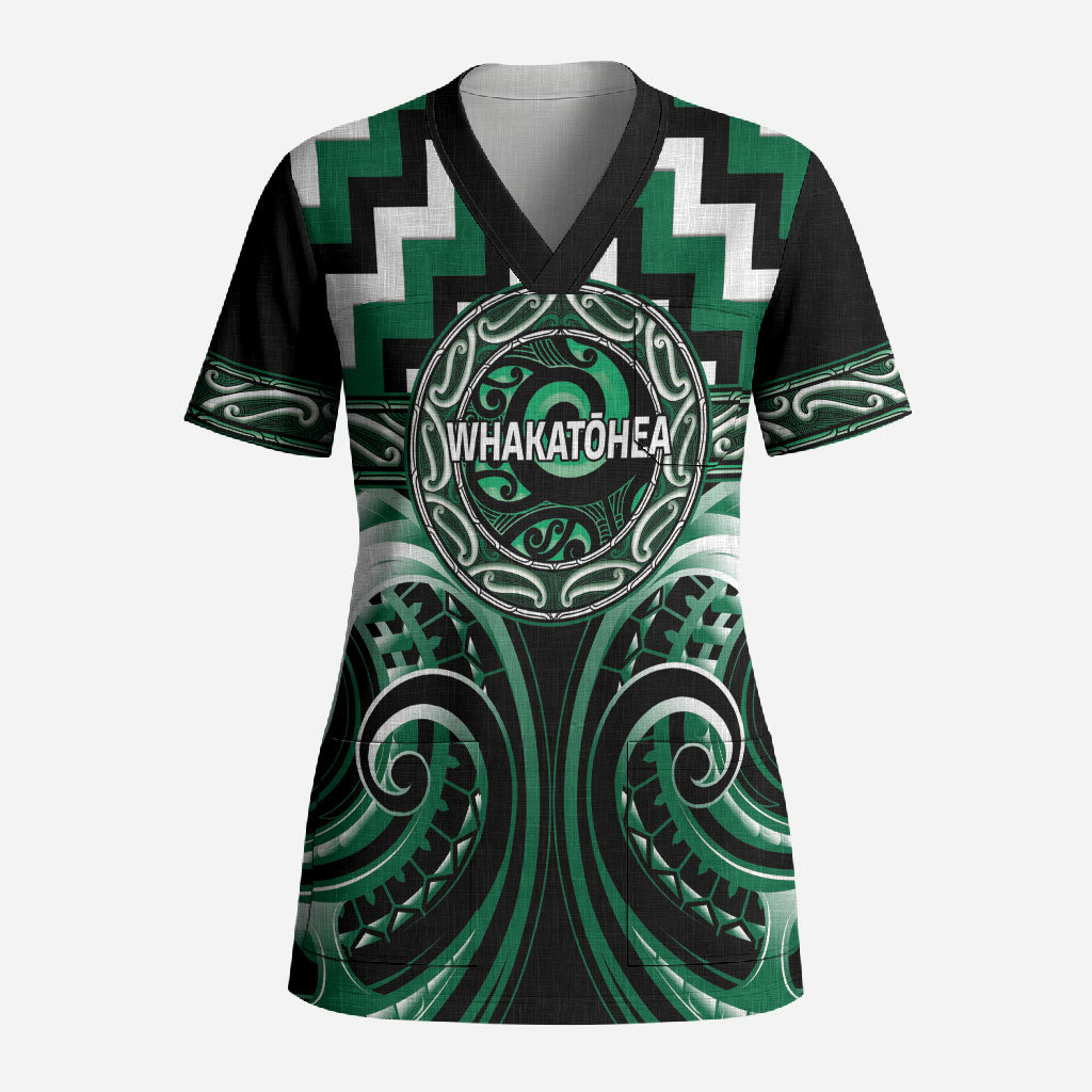 Aotearoa Whakatohea Personalised Scrub Top Maori Iwi Poutama Puhoro Tattoo LT14 Adult Green - Polynesian Pride