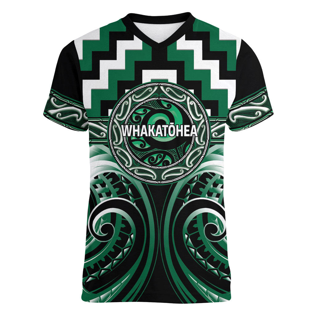 Aotearoa Whakatohea Personalised Women V-Neck T-Shirt Maori Iwi Poutama Puhoro Tattoo LT14 Female Green - Polynesian Pride