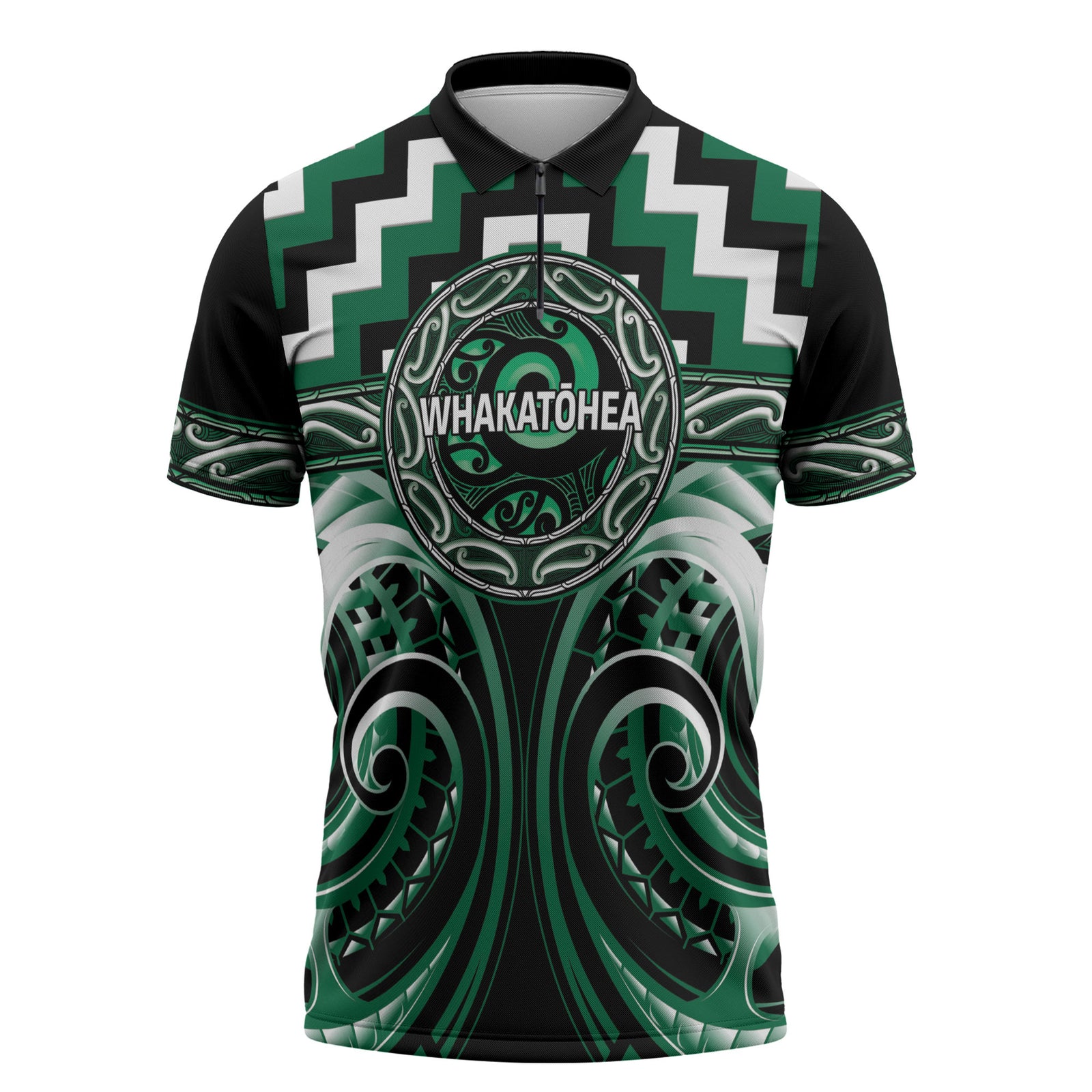 Aotearoa Whakatohea Personalised Zipper Polo Shirt Maori Iwi Poutama Puhoro Tattoo LT14 Green - Polynesian Pride