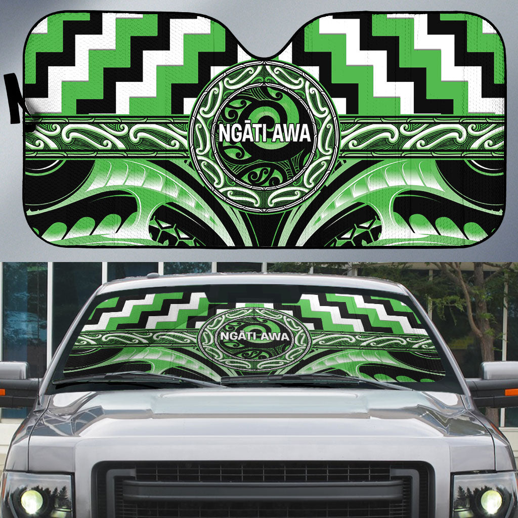 Aotearoa Ngati Awa Auto Sun Shade Maori Iwi Poutama Puhoro Tattoo LT14 Green - Polynesian Pride