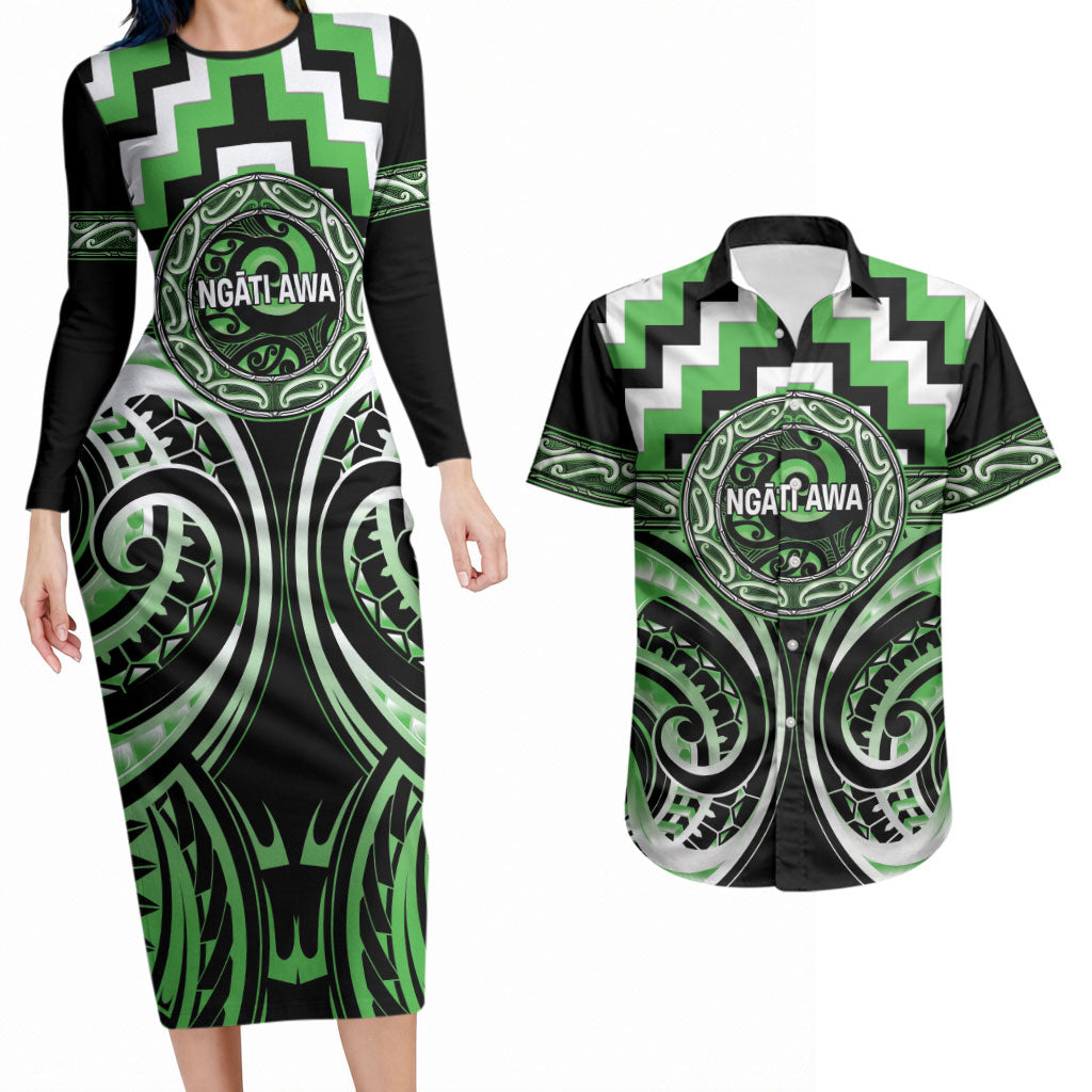 Aotearoa Ngati Awa Personalised Couples Matching Long Sleeve Bodycon Dress and Hawaiian Shirt Maori Iwi Poutama Puhoro Tattoo LT14 Green - Polynesian Pride