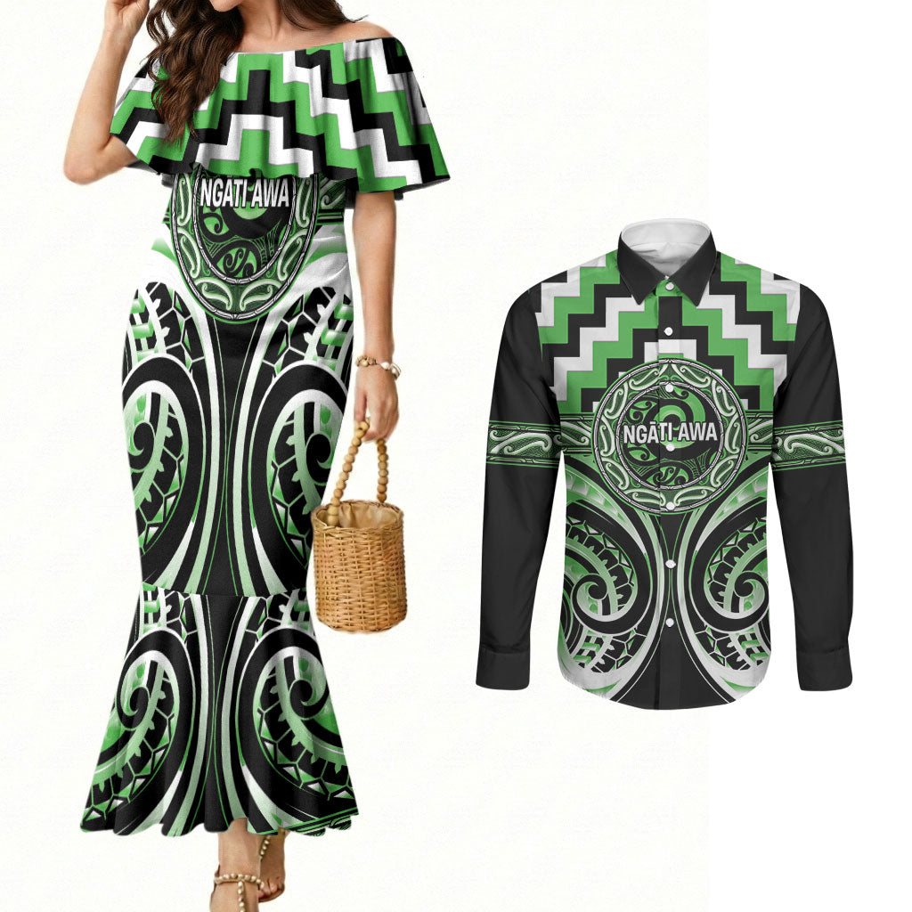Aotearoa Ngati Awa Personalised Couples Matching Mermaid Dress and Long Sleeve Button Shirt Maori Iwi Poutama Puhoro Tattoo LT14 Green - Polynesian Pride