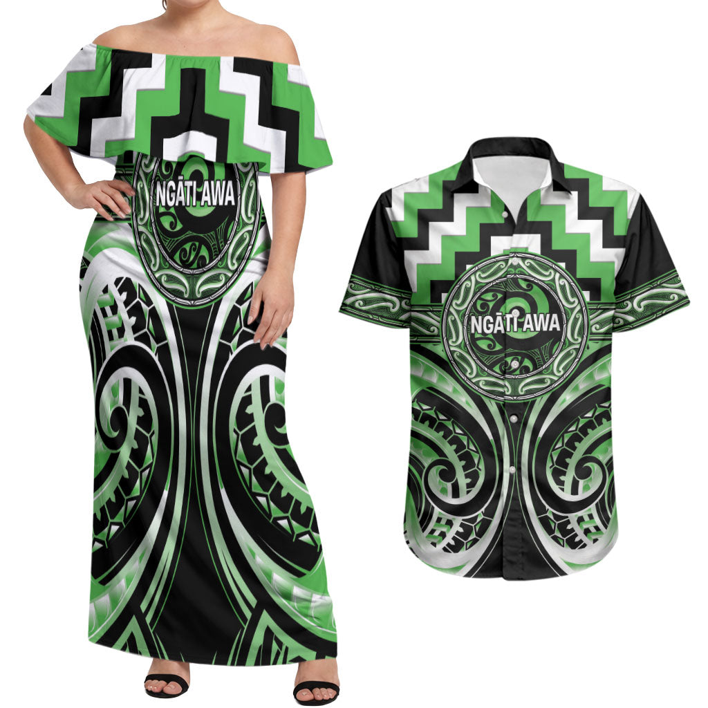 Aotearoa Ngati Awa Personalised Couples Matching Off Shoulder Maxi Dress and Hawaiian Shirt Maori Iwi Poutama Puhoro Tattoo LT14 Green - Polynesian Pride