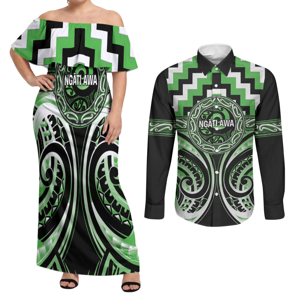 Aotearoa Ngati Awa Personalised Couples Matching Off Shoulder Maxi Dress and Long Sleeve Button Shirt Maori Iwi Poutama Puhoro Tattoo