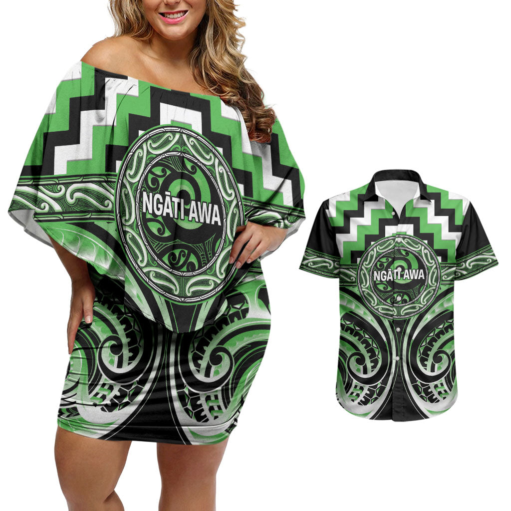 Aotearoa Ngati Awa Personalised Couples Matching Off Shoulder Short Dress and Hawaiian Shirt Maori Iwi Poutama Puhoro Tattoo LT14 Green - Polynesian Pride