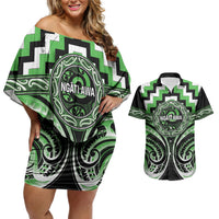 Aotearoa Ngati Awa Personalised Couples Matching Off Shoulder Short Dress and Hawaiian Shirt Maori Iwi Poutama Puhoro Tattoo LT14 Green - Polynesian Pride