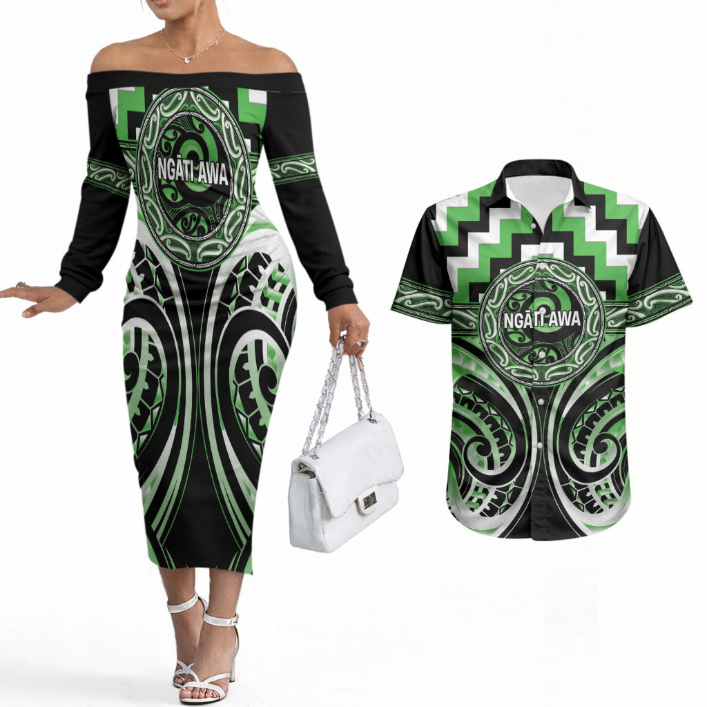 Aotearoa Ngati Awa Personalised Couples Matching Off The Shoulder Long Sleeve Dress and Hawaiian Shirt Maori Iwi Poutama Puhoro Tattoo LT14 Green - Polynesian Pride