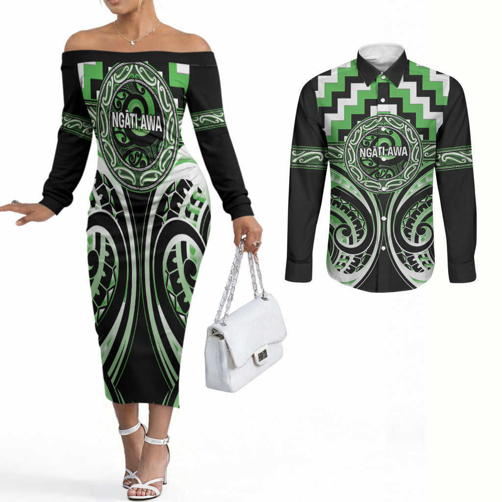 Aotearoa Ngati Awa Personalised Couples Matching Off The Shoulder Long Sleeve Dress and Long Sleeve Button Shirt Maori Iwi Poutama Puhoro Tattoo