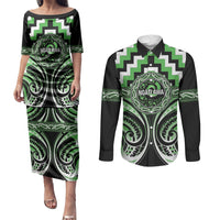 Aotearoa Ngati Awa Personalised Couples Matching Puletasi and Long Sleeve Button Shirt Maori Iwi Poutama Puhoro Tattoo LT14 Green - Polynesian Pride