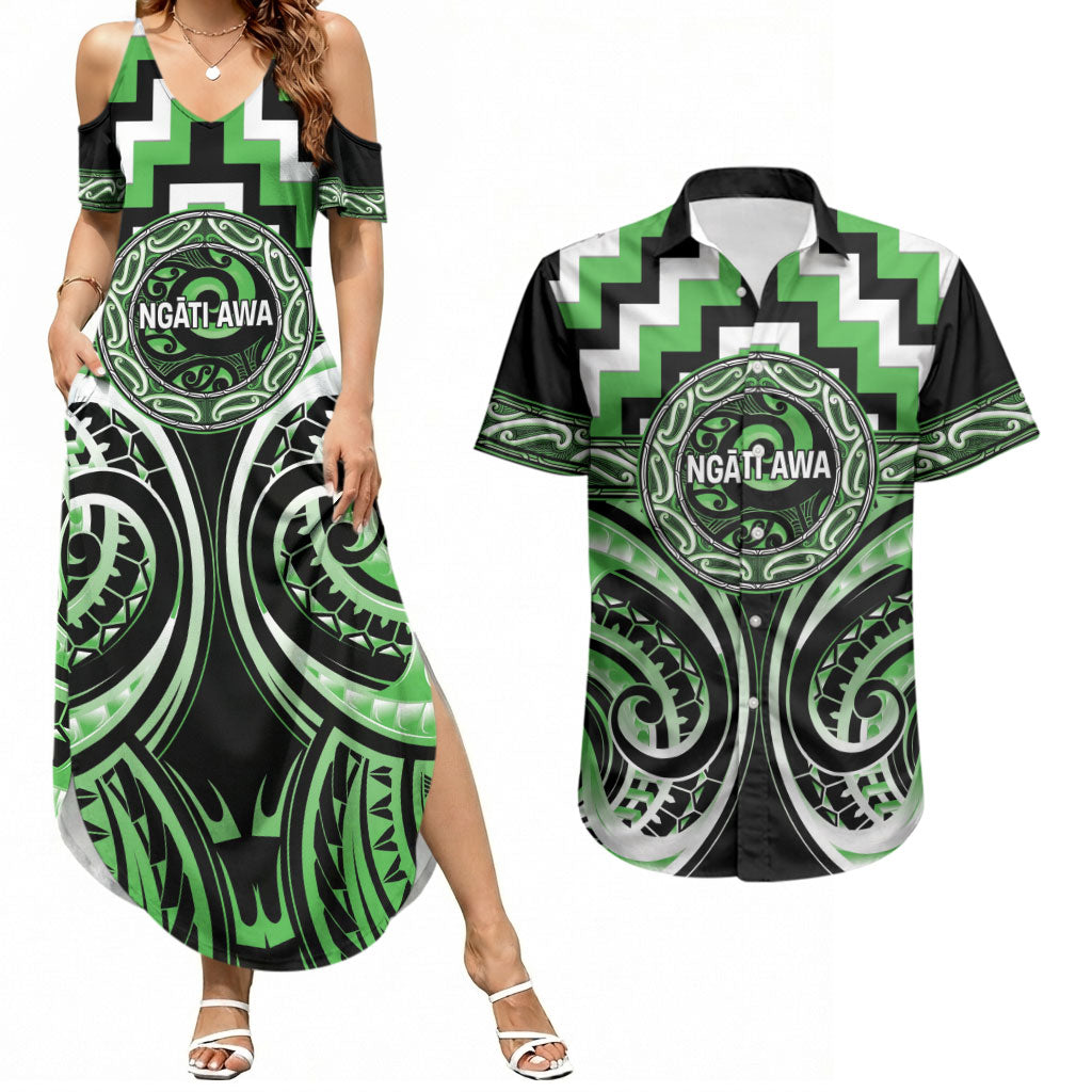 Aotearoa Ngati Awa Personalised Couples Matching Summer Maxi Dress and Hawaiian Shirt Maori Iwi Poutama Puhoro Tattoo LT14 Green - Polynesian Pride