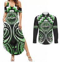 Aotearoa Ngati Awa Personalised Couples Matching Summer Maxi Dress and Long Sleeve Button Shirt Maori Iwi Poutama Puhoro Tattoo LT14 Green - Polynesian Pride