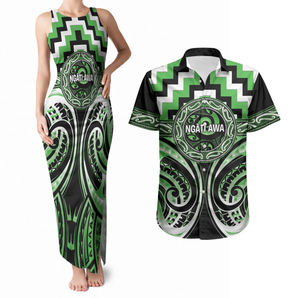 Aotearoa Ngati Awa Personalised Couples Matching Tank Maxi Dress and Hawaiian Shirt Maori Iwi Poutama Puhoro Tattoo LT14 Green - Polynesian Pride