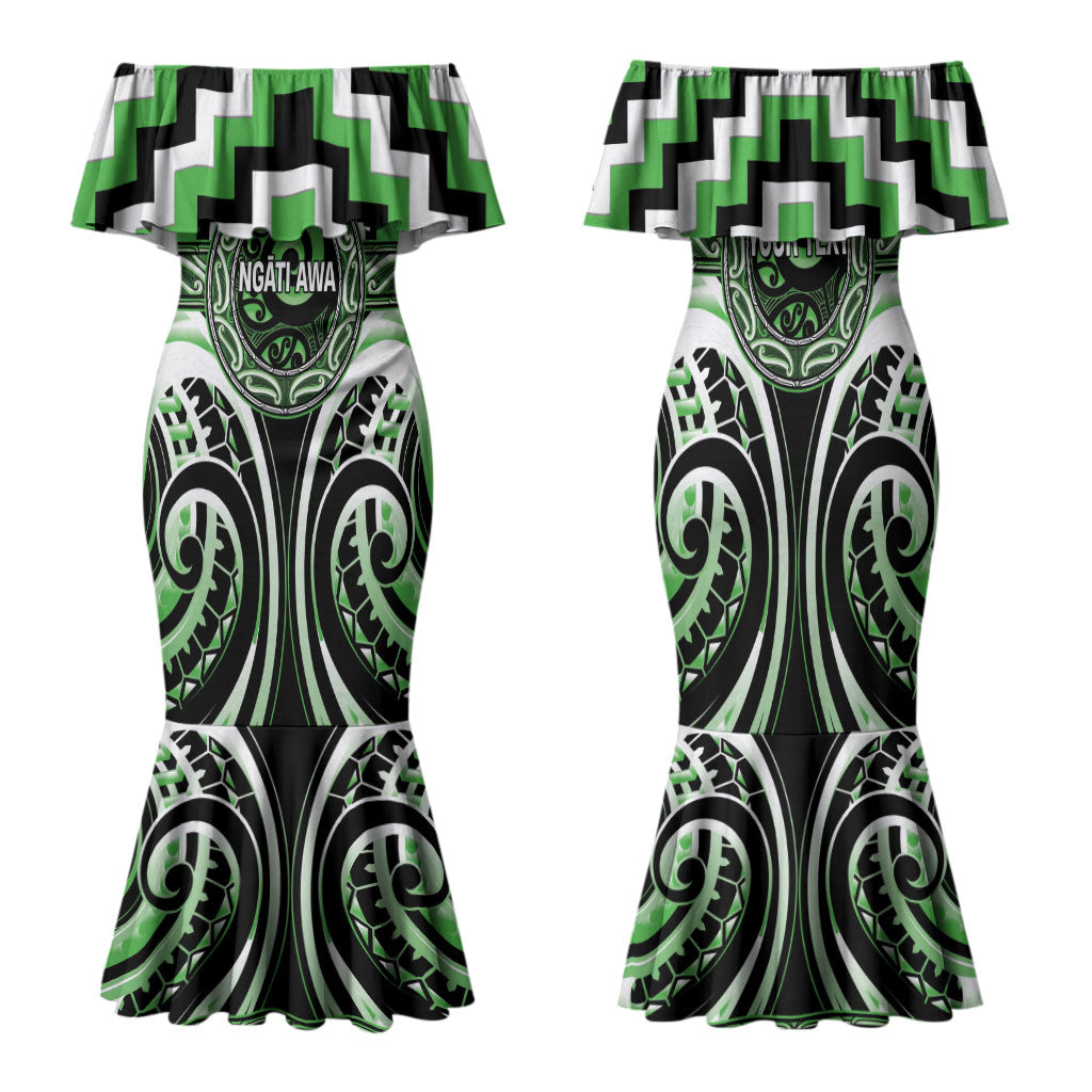 Aotearoa Ngati Awa Personalised Family Matching Mermaid Dress and Hawaiian Shirt Maori Iwi Poutama Puhoro Tattoo LT14 Mom's Dress Green - Polynesian Pride