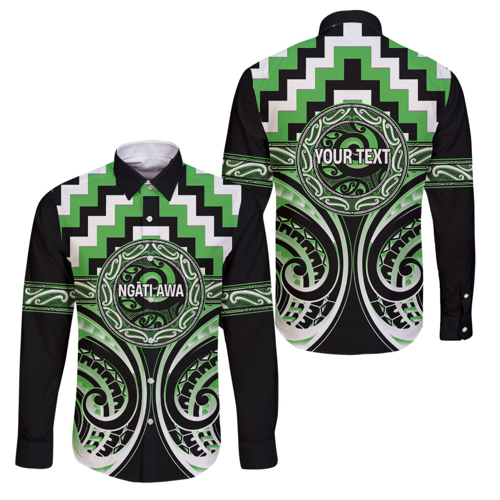 Aotearoa Ngati Awa Personalised Family Matching Mermaid Dress and Hawaiian Shirt Maori Iwi Poutama Puhoro Tattoo LT14 Dad's Shirt - Long Sleeve Green - Polynesian Pride