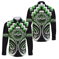 Aotearoa Ngati Awa Personalised Family Matching Mermaid Dress and Hawaiian Shirt Maori Iwi Poutama Puhoro Tattoo LT14 Dad's Shirt - Long Sleeve Green - Polynesian Pride
