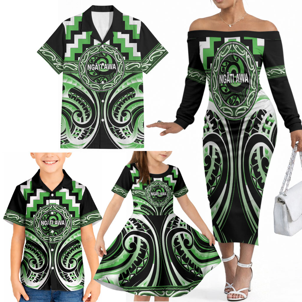 Aotearoa Ngati Awa Personalised Family Matching Off The Shoulder Long Sleeve Dress and Hawaiian Shirt Maori Iwi Poutama Puhoro Tattoo LT14 - Polynesian Pride