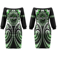 Aotearoa Ngati Awa Personalised Family Matching Off The Shoulder Long Sleeve Dress and Hawaiian Shirt Maori Iwi Poutama Puhoro Tattoo LT14 Mom's Dress Green - Polynesian Pride