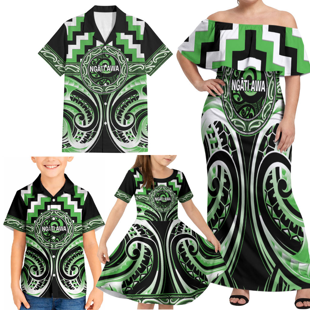 Aotearoa Ngati Awa Personalised Family Matching Off Shoulder Maxi Dress and Hawaiian Shirt Maori Iwi Poutama Puhoro Tattoo LT14 - Polynesian Pride